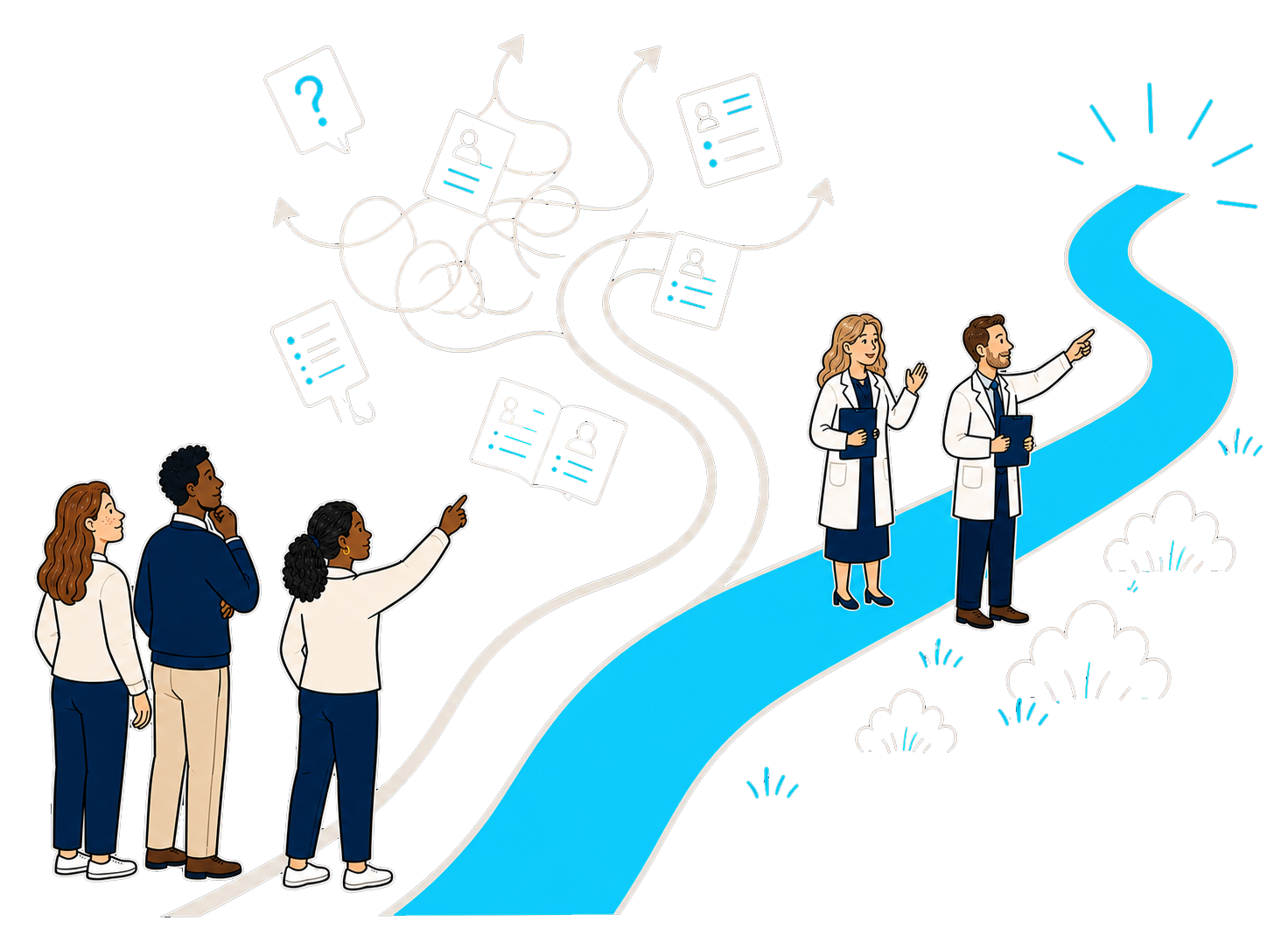 A family standing before forking paths as scattered test reports come together into a green road leading forward