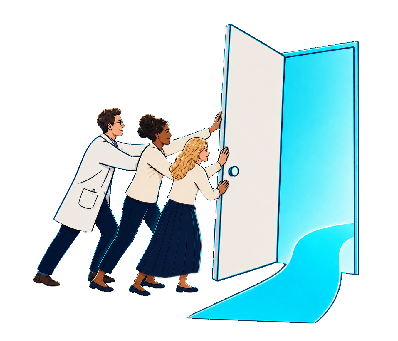A doctor, a care manager, and a family pushing open a door onto a road that leads forward