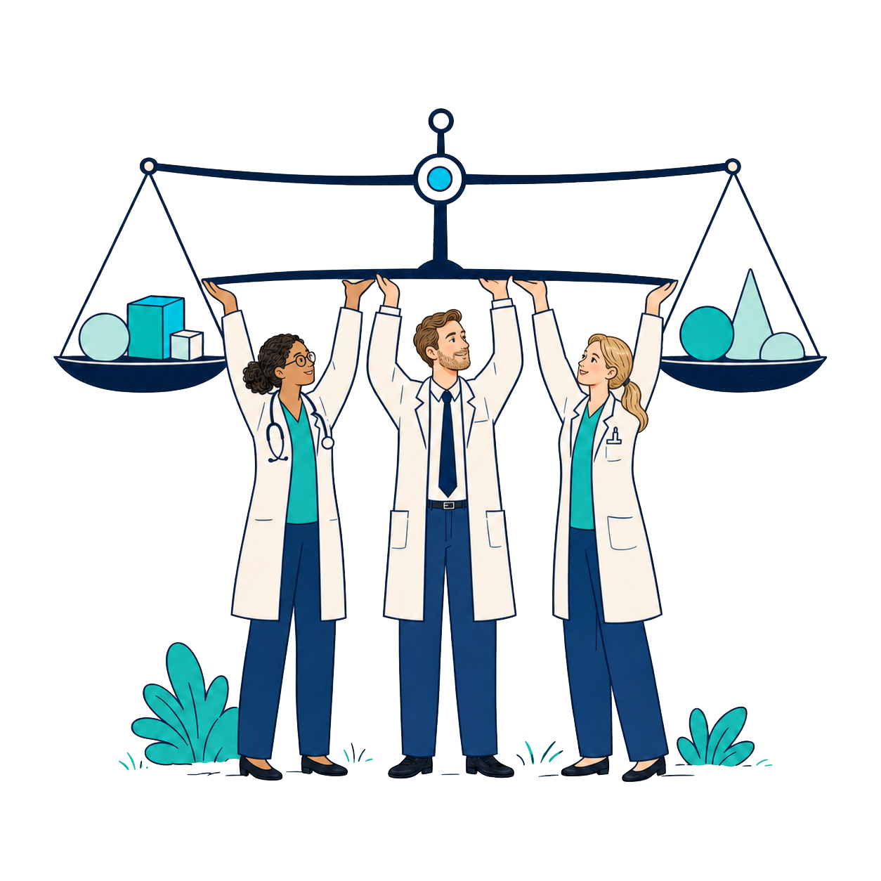 Three physicians from different specialties steadying a complex balance together